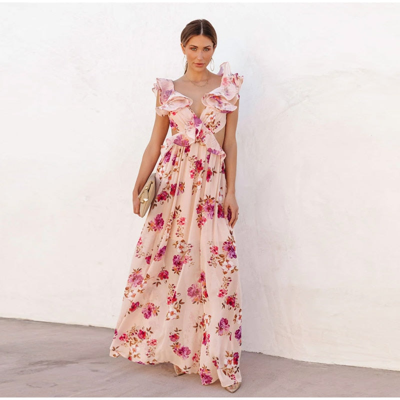Elegant Women's Printed Vestidos Sleeveless Neck-mounted Female Formal Wear Aesthetic Layered Ruffled Hem Evening Party Dresses