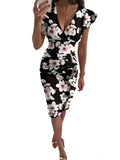 Sexy V-Neck Slim Office Lady Dress Ruffle Short Sleeve Bodycon Knee-length Dresses For Women Casual Summer Woman Work Dress