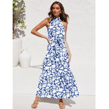 Polka Dots Vintage Women Summer Halter Maxi Boho Dress Sleevless Navy Blue Floral Print Long Sash Beige A-line Beach Casual Robe