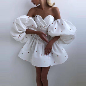 woloong Women Sexy Lantern Sleeve Strapless Party Dress Autumn Off Shoulder Backless Mini Dress Elegant Sweet Print Dress Vestidos