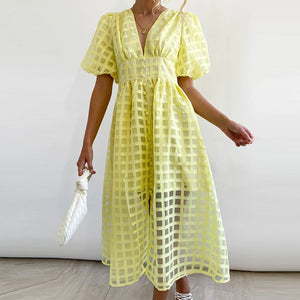 High Waist Lantern Sleeve V Neck Dress Solid Color Mesh Yarn Button Long Dress Casual Elegant Party Dresses Women Summer Vestido