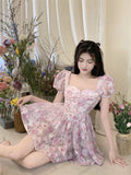 woloong Retro Chic Floral Dress Women's Summer Square Collar Dresses High Waist Short Sleeved A-line Party Slim Mini Dress Vestidos