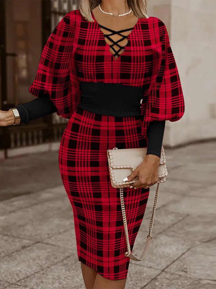 Autumn Winter Ladies Black Print Mid Dress Women Slim Beam Waist Long Sleeve Vestidos Elegant Sexy Hollow Women's Dress