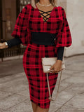 Autumn Winter Ladies Black Print Mid Dress Women Slim Beam Waist Long Sleeve Vestidos Elegant Sexy Hollow Women's Dress