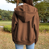 Woloong Brown Zip Up Hooded Sweatshirts Women Vintage Pockets Oversized Jacket Coat Autumn Female Y2K Aesthetic Long Sleeve Hoodie