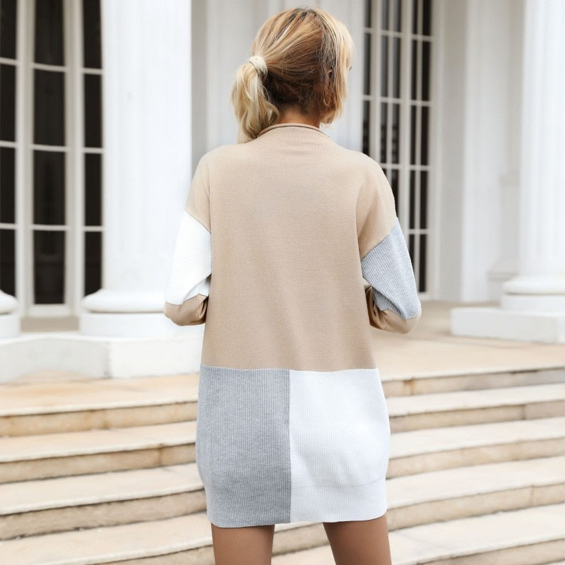 Women Patch work Tunic Sweater, Female Autumn Winter Knitted Pullover Mini Dress.