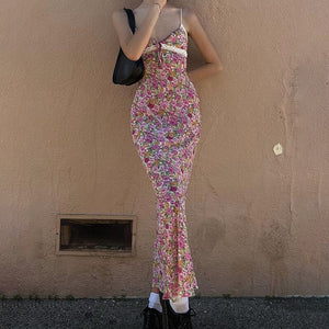 Flowers Print Spaghetti Straps Wrap Long Dress 90s E-girl Aesthetic Women Summer Sleeveless Tie Up V-Neck Sundress