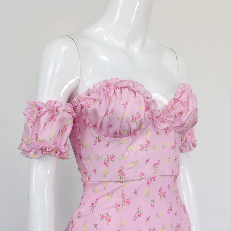 Casual Wear Summer High Quality Sexy Pink Dress Broken Off The Shoulder Backless Printing Dresses Long Skirt Women'S Clothing