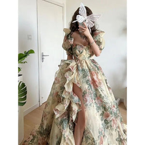 Summer Elegant Evening Party Dress Short Puff Sleeve Khaki Print Organza Women Floor-Length Overlength Princess Long Dress