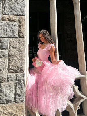 Women Mesh Puffy Long Dress Summer Sweet Sleeveless Square Neck High Waist Pink Princess Dress Evening Party Clubwear Fairycore