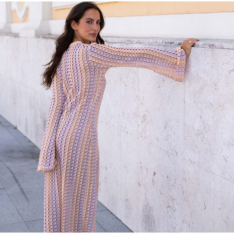 Patchwork Deep V-neck Women's Knit Dress Casual Full Flare Sleeve Crocheted Slit Long Dresses Female Autumn Party Vestidos