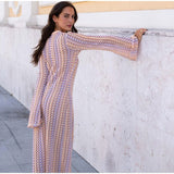 Patchwork Deep V-neck Women's Knit Dress Casual Full Flare Sleeve Crocheted Slit Long Dresses Female Autumn Party Vestidos