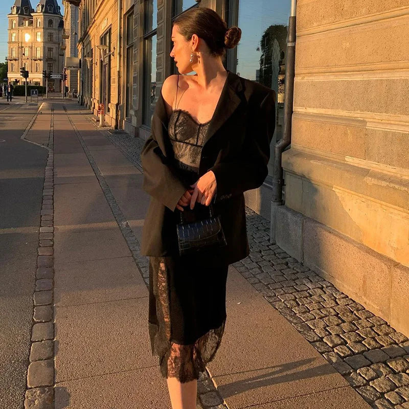90s Vintage Lace Patchwork Split Midi Dress Chic Women Sexy Backless Spaghetti Strap Dresses Birthday Party Night Streetwear