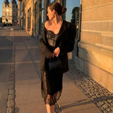 90s Vintage Lace Patchwork Split Midi Dress Chic Women Sexy Backless Spaghetti Strap Dresses Birthday Party Night Streetwear