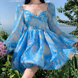 Oil Painting Print Dress Women French Chic Puff Sleeve V-neck Backless Tutu Skirt Summer Seaside Vacation Beach Dress