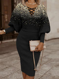 Autumn Winter Ladies Black Print Mid Dress Women Slim Beam Waist Long Sleeve Vestidos Elegant Sexy Hollow Women's Dress