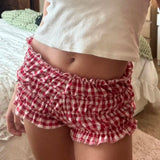90s Vintage Cottage Plaid Shorts Elastic Slim Fit Bloomers Pants Women Kawaii Loungewear Fairy Retro Y2K Cute Knickers Bottom