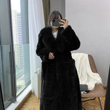 New Imitation Fur Coats Women's Winter Mid-length Lace-up Jackets Fashion Big Size Long Sleeve Thicken Black Overcoat
