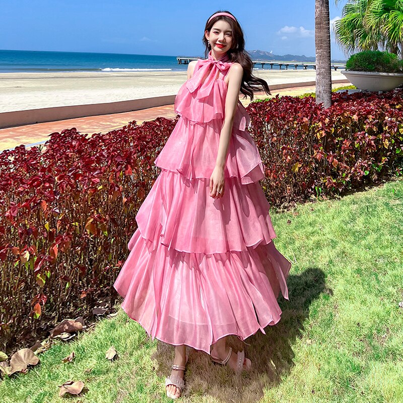 Elegant Spaghetti Strap Dress Women Summer Flounced Edge High Waist Beach Holiday Dresses Woman Party Boho Robe Femme