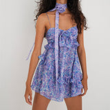 Floral Print Spaghetti Strap Fairy Y2K Mini Dresses for Women Club Sexy 3D Flower Ruffles V-neck Short Dress