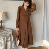 Long Sleeve Ladies Dress Women Autumn Formal French Retro Solid Korean Style Button-design Daily Office Lady Streetwear Fashion