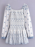 Romantic Puff Sleeve Embroidery White Blue Floral Body Elastic Ruched Mini Dress Woman Low Waist Ruffles Hem Holiday Robe
