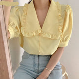 Woloong  Sweet White Chiffon Blouse Women Ruffle Elegant Button Women Shirt Tops Summer Chic Puff Sleeve Blouses Woman Blusas