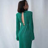 Autumn Winter Women Elegant Solid Red Maxi Pleated Dress Long Sleeve Hollow Out Slim Bodycon Evening Pencil Dress For Women