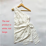 One Shoulder White Cotton Ruched Short Summer Dress Bowknot Beach Sundress Women Sleeveless Solid Dress