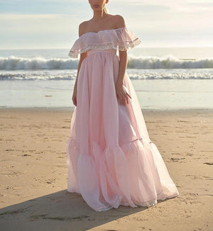 Woloong  Vintage Women Pink Princess Organza Dresses Lady Slash Neck Evening Party Ball Gown Long Dress Fairytale Beach Formal Dress XXL