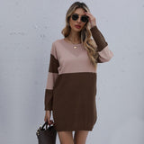 Women Winter Sweater Dresses, Women's Autumn Knitted Patchwork Pullovers Tunic Mini Dress.