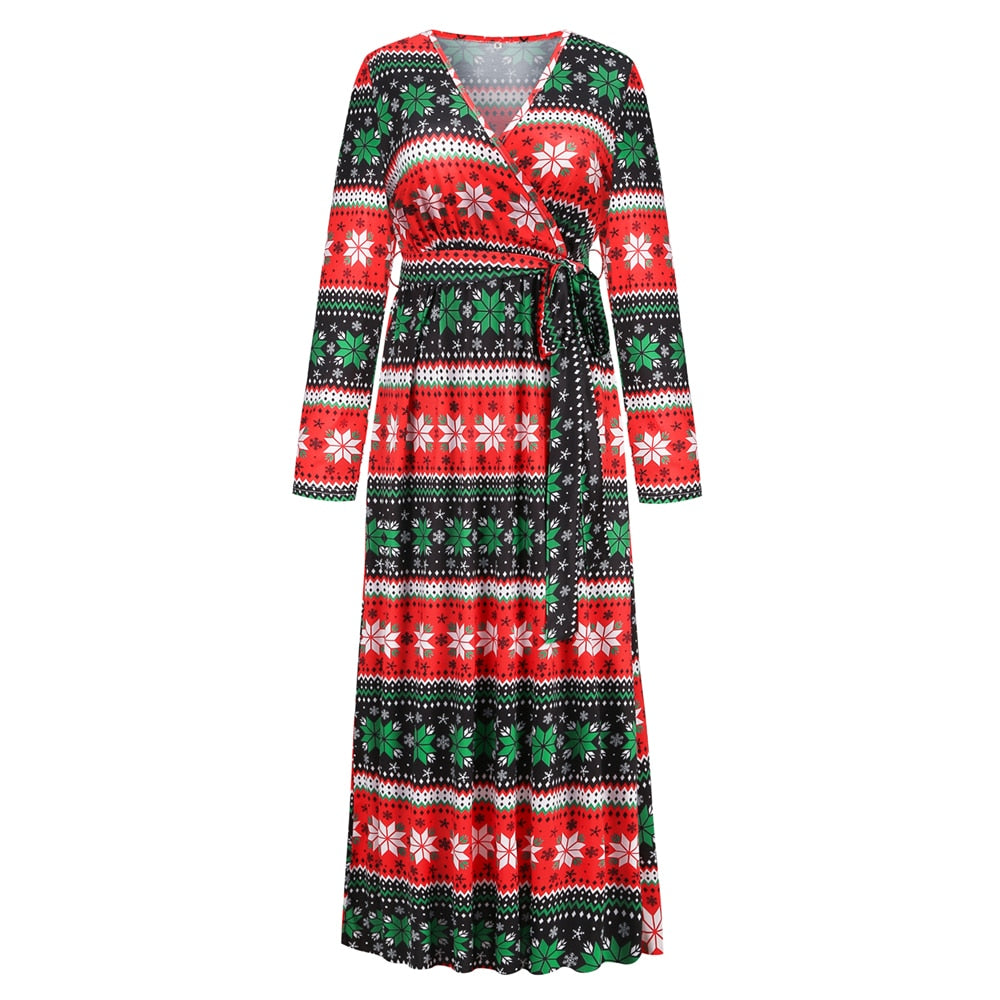 Christmas Print Long Dress for Women Autumn V-neck Knitting  A-LINE Belt Slim Ankle-Length