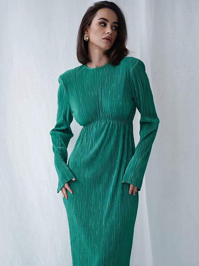 Autumn Winter Women Elegant Solid Red Maxi Pleated Dress Long Sleeve Hollow Out Slim Bodycon Evening Pencil Dress For Women
