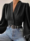 Women Shirts  Fashion Lantern Long Sleeve Elegant Blouse Summer Sexy V-neck Tunic Top Casual Party High Street Blusas