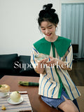 Blouse Women Shirts Summer Korean Fashion Stripes Short Sleeve Button Up Shirt Peter Pan Collar Patchwork Loose Sweet Top