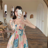 Summer Women Vintage Flower Sling Dress Bow Tie Strap Square Neck Sleeveless Slim Midi Floral Skirt French Ladies Clothes