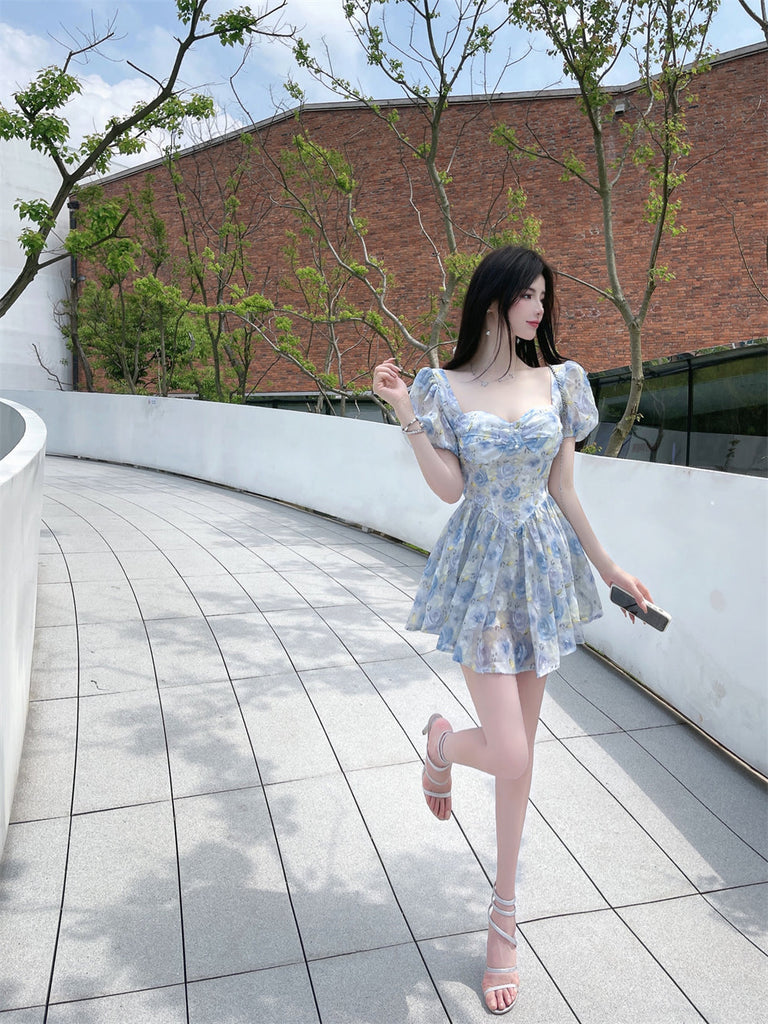 woloong Retro Chic Floral Dress Women's Summer Square Collar Dresses High Waist Short Sleeved A-line Party Slim Mini Dress Vestidos