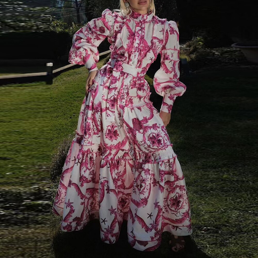 Hit Color Print Folds Dresses For Women Stand Collar Lantern Sleeve High Waist Elegant Dress Female Fashion Clothes