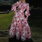 Hit Color Print Folds Dresses For Women Stand Collar Lantern Sleeve High Waist Elegant Dress Female Fashion Clothes