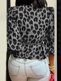 Woloong Elegant Women Blouse Summer Sexy V-Neck Leopard Print Tunic Shirt Belted Office Fashion Top Ruffles Blusas Femininas
