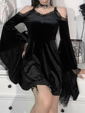 Goth Sexy Flare Sleeve Black Dress Y2K Harajuku High Waist A Line Mini Dresses Off Shoulder Punk Halloween Autumn Dress
