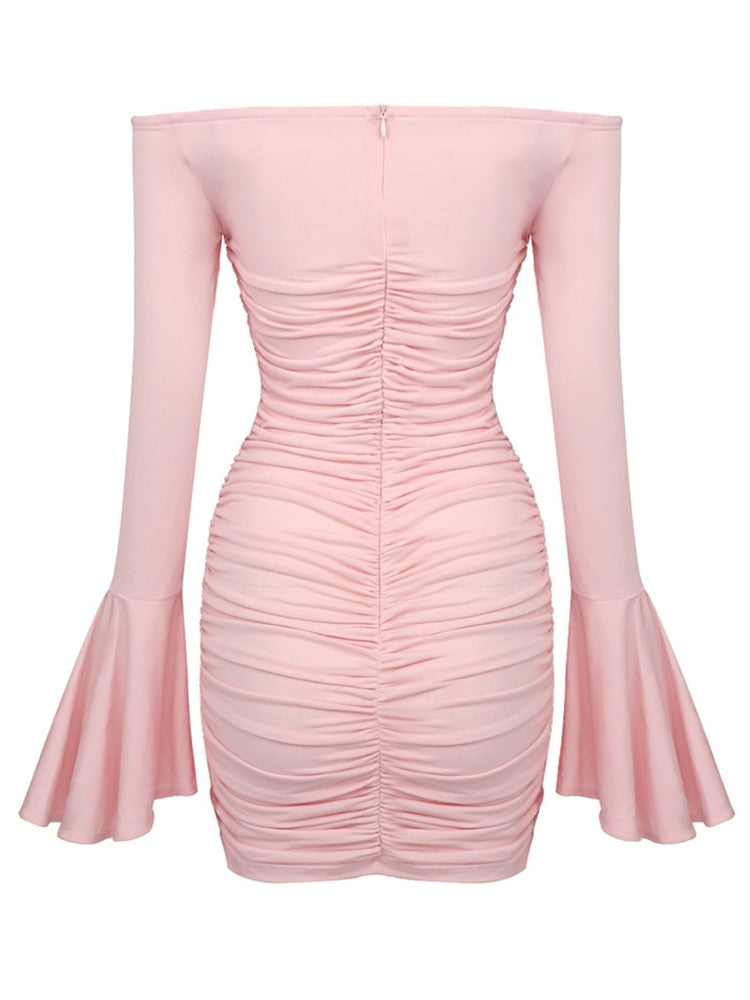 Elegant Spliced Floral Dresses For Women Slash Neck Flare Sleeve Tunic Patchwork Folds Mini Dress Female Clothing