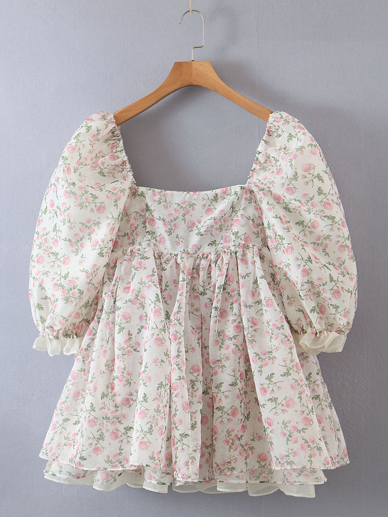 2 ways Wear Chiffon Floral Print Spliced Organza Ball Gown Dress Puff Sleeve Retro Women Swing Short Dresses Fairy