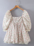 2 ways Wear Chiffon Floral Print Spliced Organza Ball Gown Dress Puff Sleeve Retro Women Swing Short Dresses Fairy