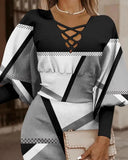 Autumn Winter Ladies Black Print Mid Dress Women Slim Beam Waist Long Sleeve Vestidos Elegant Sexy Hollow Women's Dress