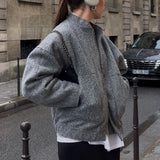 Spring Women's Bombers Jackets Grey Outwear With Button Solid Long Sleeve Top Oversized Coat Casual Loose Warm Female