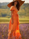 Summer Women'S Dress V-neck Short-sleeved Slim Solid Color Sexy Dress Pastoral Belt Lace With Orange Dresses