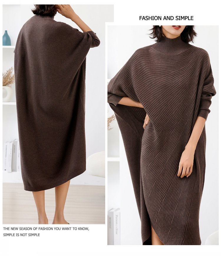 Women L-3XL Large Size Knitted Rib Woolen Dress With Batwing Sleeve For Autumn And Winter