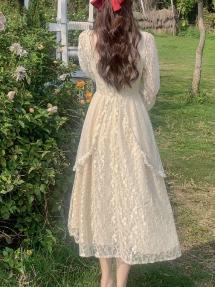 French Vintage Dress Women Summer Long Sleeve Elegant Party Midi Dress Female Casual Retro One Piece Dress Korean Casual