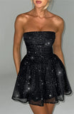 Elegant Strapless Sexy Mini Dress Women Fashion Black Off-shoulder Backless Pleated Sequins Sparkle Club Party Dress
